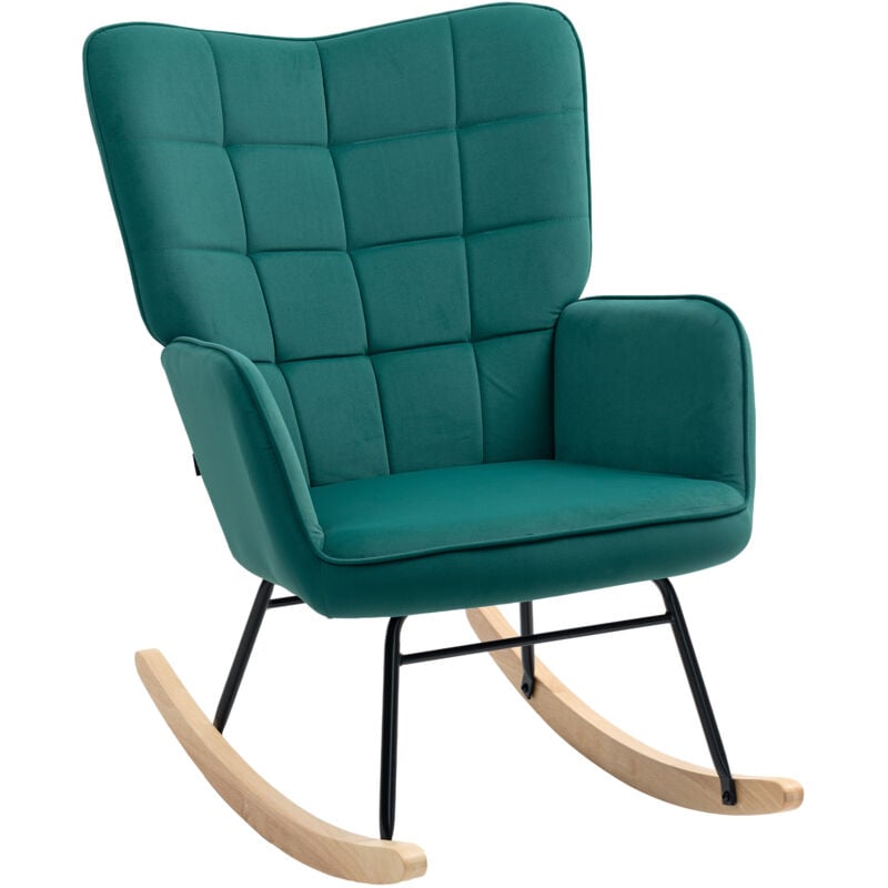 Fauteuil à bascule rocking chair design - structure acier piètement bois effet velours vert