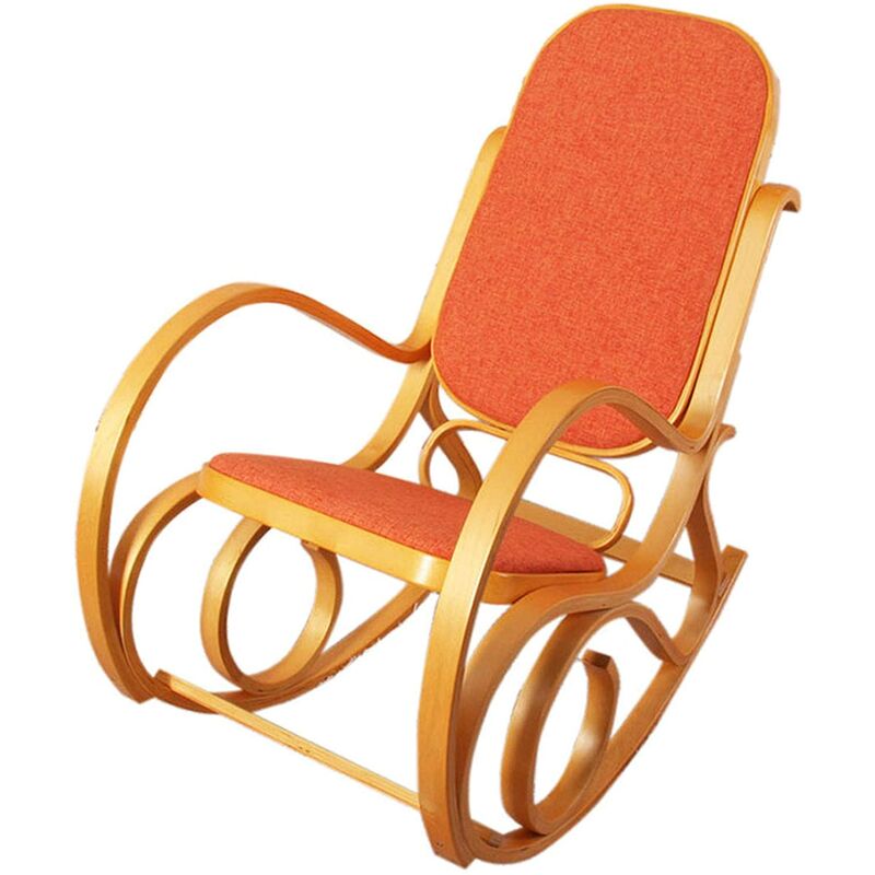 Fauteuil à bascule rocking chair en bois clair assise en tissu orange