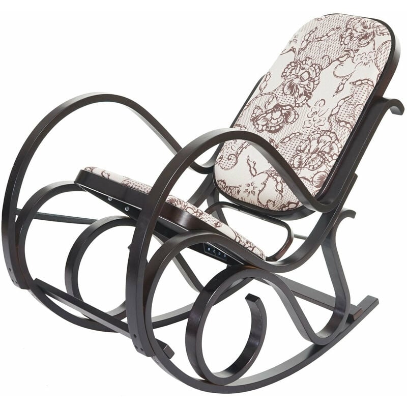 Fauteuil à bascule rocking chair en bois foncé et tissu fleur marron