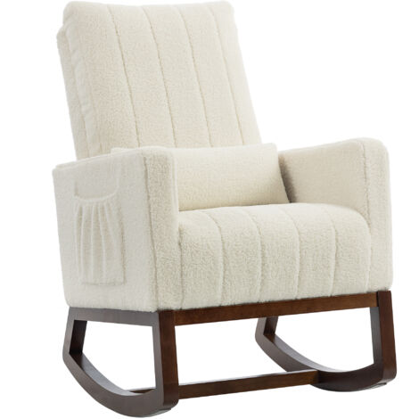 Fauteuil à bascule, rocking chair en flanelle neige rembourré, coussin lombaire, dossier haut, poches latérales, crème
