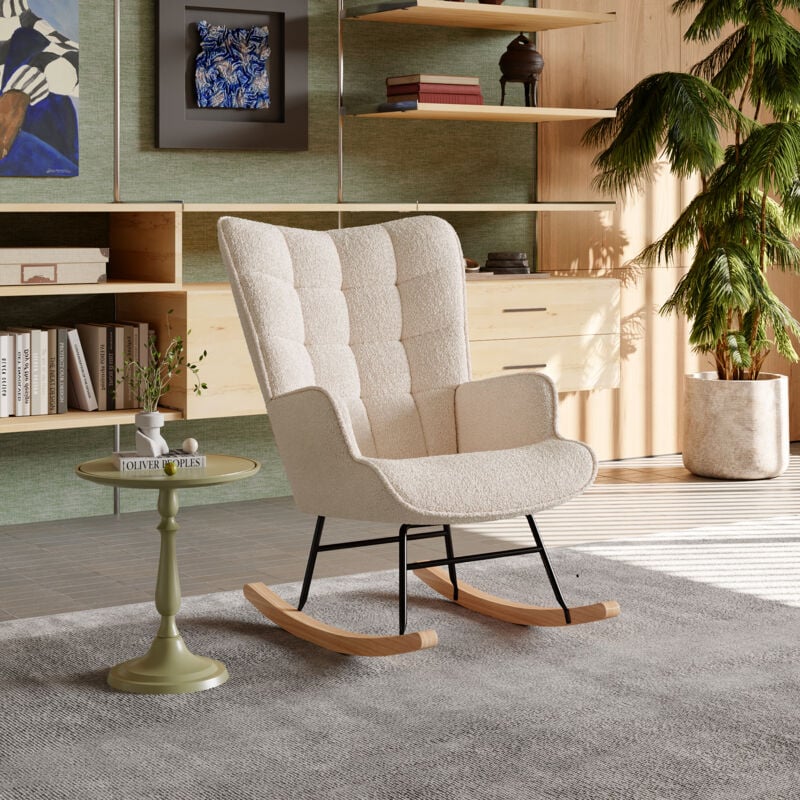 Fauteuil à bascule, rocking chair en velours teddy, pieds en bois massif, pour salon,scandinave,chambre, beige,68x75x92cm