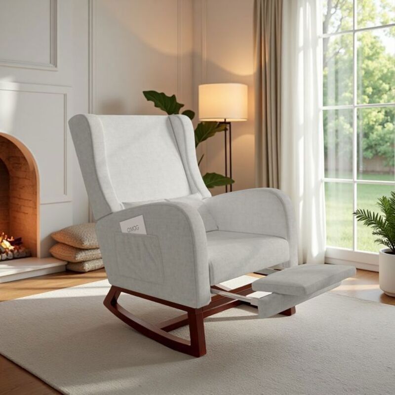 Fauteuil à Bascule - Rocking Chair Ergonomique - Velours Gris - Bois Rouge - 4 en 1