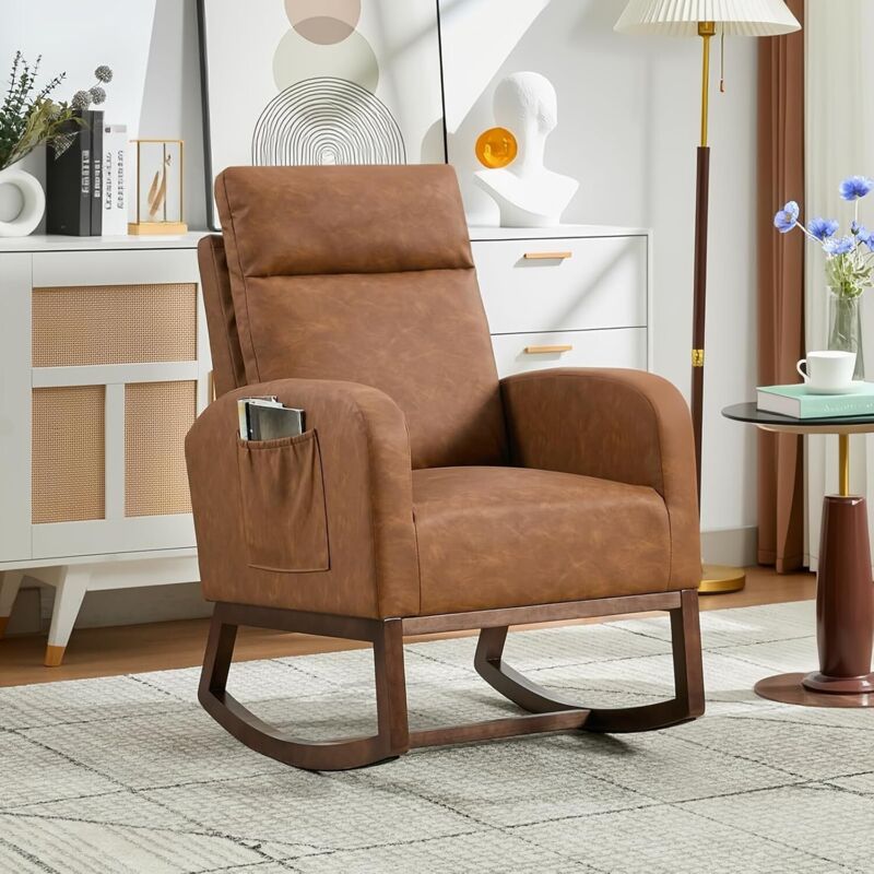 Fauteuil à Bascule - Rocking Chair - marron- Bascule en Cuir PU avec Accoudoirs - Pieds en Bois Massif- avec poches latérales