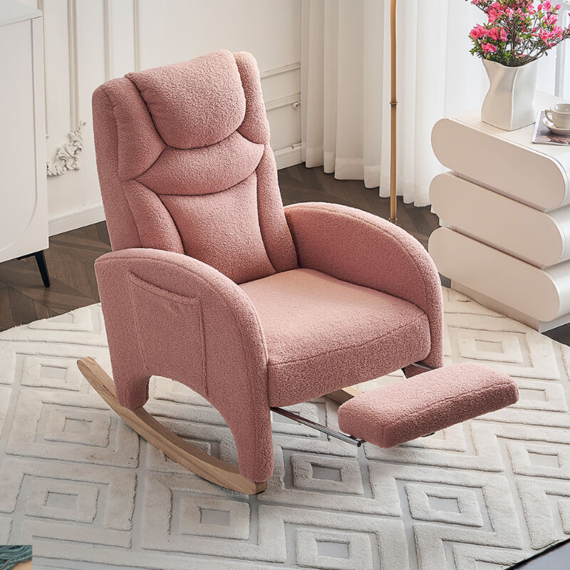 Fauteuil à bascule rose en tissu Teddy avec accoudoirs, fauteuil relax pour chambre