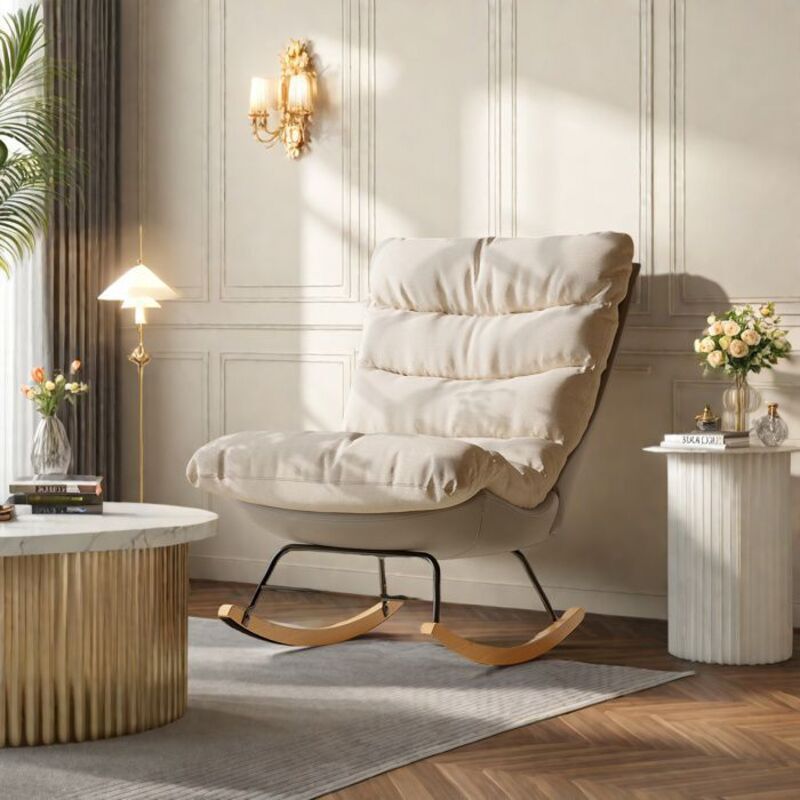 Fauteuil à bascule scandinave beige en lin, structure bois et métal, coussins épais - 1 place