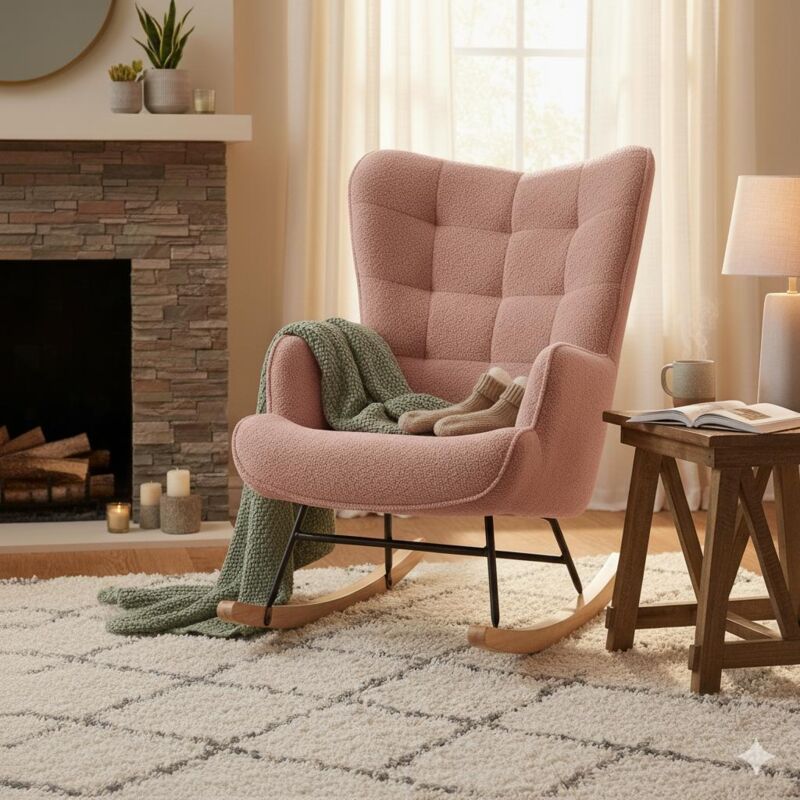 Fauteuil à Bascule - Scandinave - Dossier Capitonnée en carré - Balancelle Relaxante - 68x75x92cm - Velours Teddy Rose