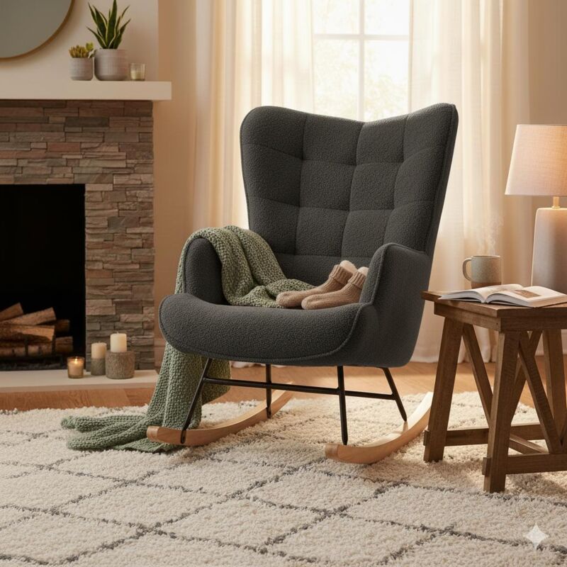Fauteuil à Bascule - Scandinave - Dossier Capitonnée en carré - Balancelle Relaxante - 68x75x92cm - Velours Teddy Gris Foncé