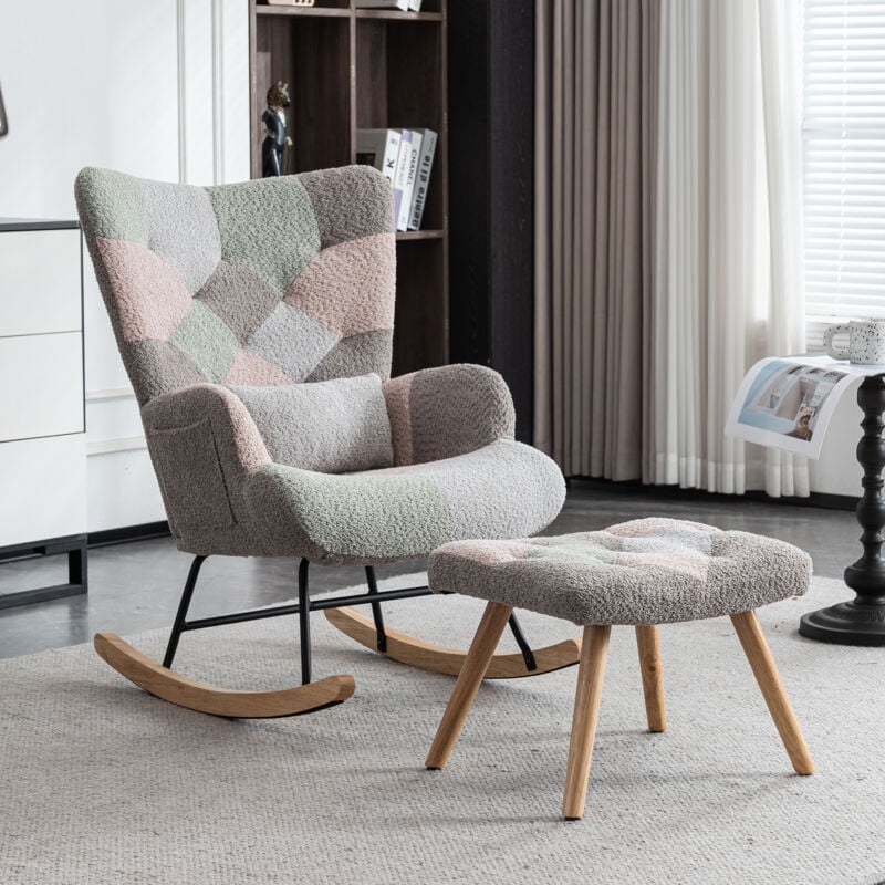 Fauteuil à bascule scandinave en Flanelle,Rocking chair avec repose-pieds + coussin lombaire,en tissu patchwork multicouleurs