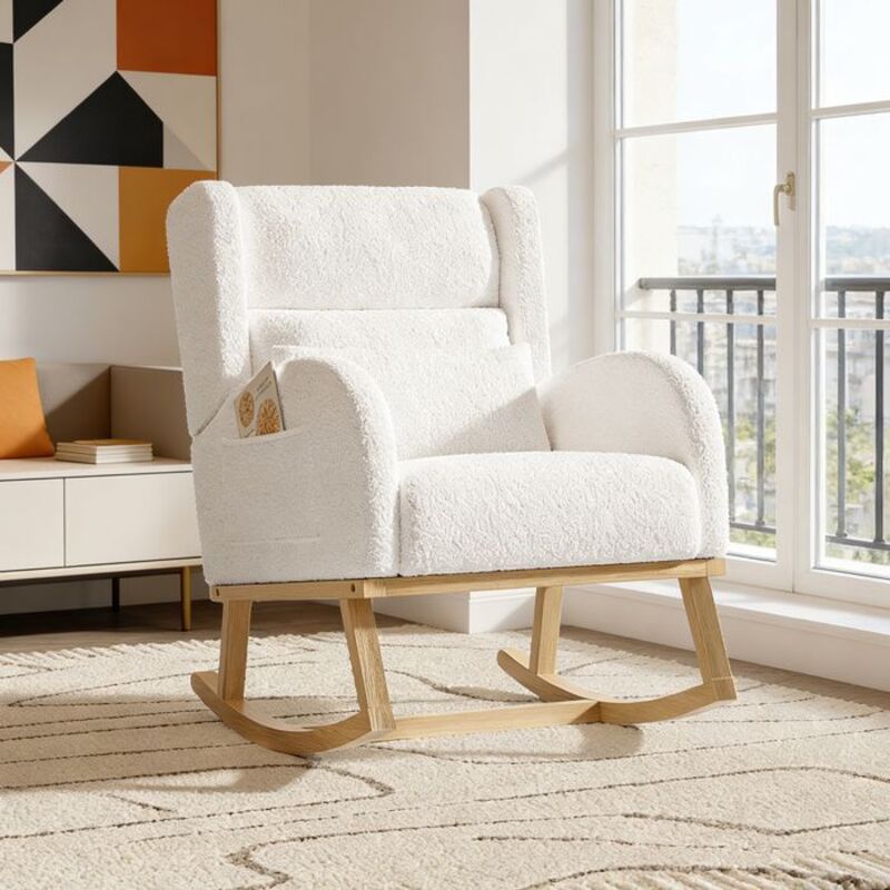Fauteuil à bascule scandinave en velours teddy blanc 1 place – soutien lombaire, pieds en bois