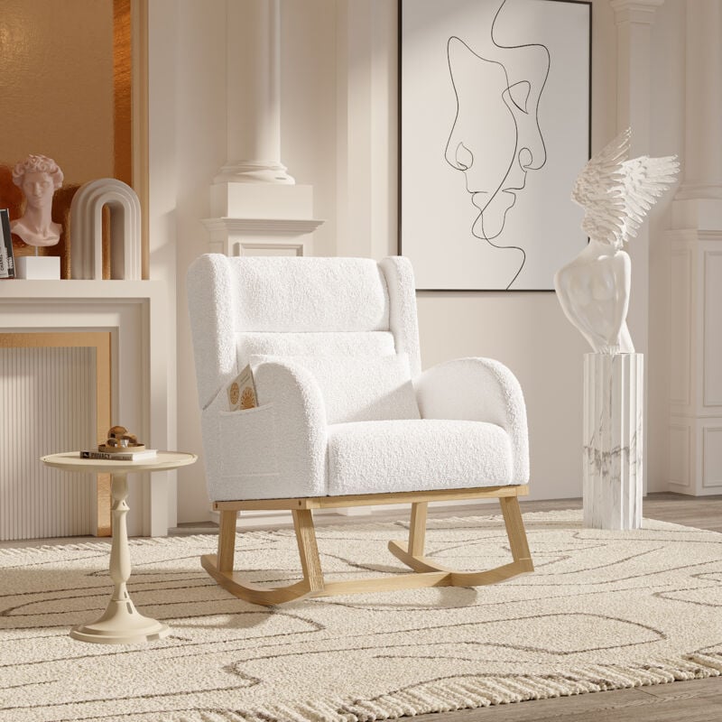 Fauteuil à bascule scandinave en velours Teddy, Rocking chair avec coussin et poche latérale, dossier haut - 65x92x89cm Blanc