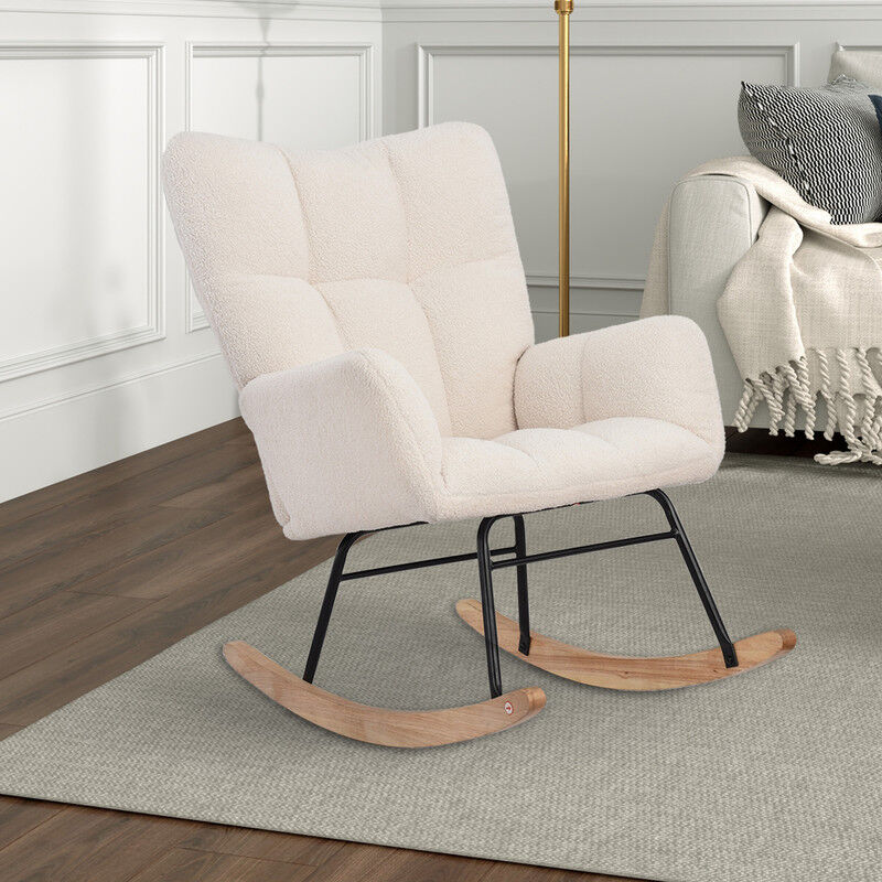Fauteuil à bascule scandinave, rocking chair avec accoudoirs rembourrés, dossier haut, support lombaire chaise berçante, fauteuil de détente pour le