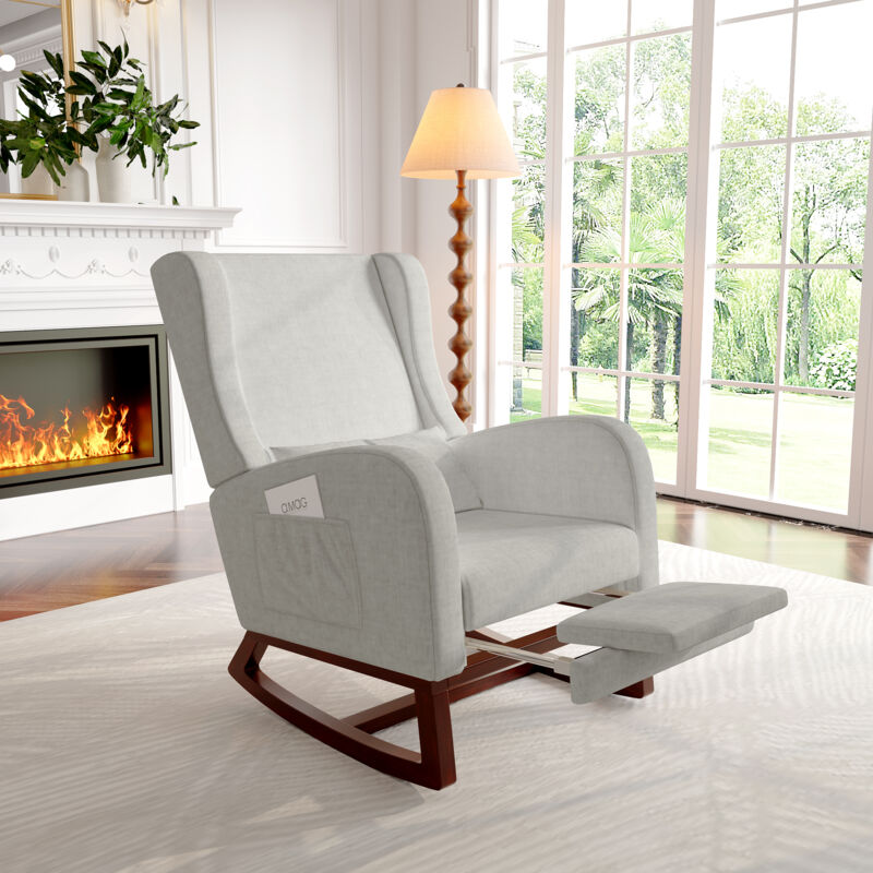Blanketswarm – Fauteuil à bascule scandinave – Rocking chair en bois d'hévéa massif – Accoudoirs rembourrés – Dossier haut – Poches de rangement –