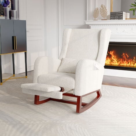 BLANKETSWARM Fauteuil à bascule scandinave, rocking chair avec repose pied et accoudoirs rembourrés, allaitement fauteuil, pieds en bois massif, dossier haut, poches de rangement, fauteuil relaxant, Blanc