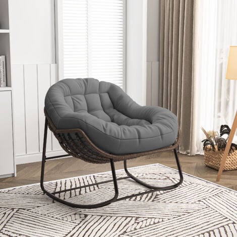 BLANKETSWARM Fauteuil à Bascule Scandinave, Rocking Chair Chaise à Bascule, Chaise en Rotin avec Coussin Rembourré, Support de Cadre en Acier, Fauteuil de Détente pour Salon, Chambre, Cour, Gris