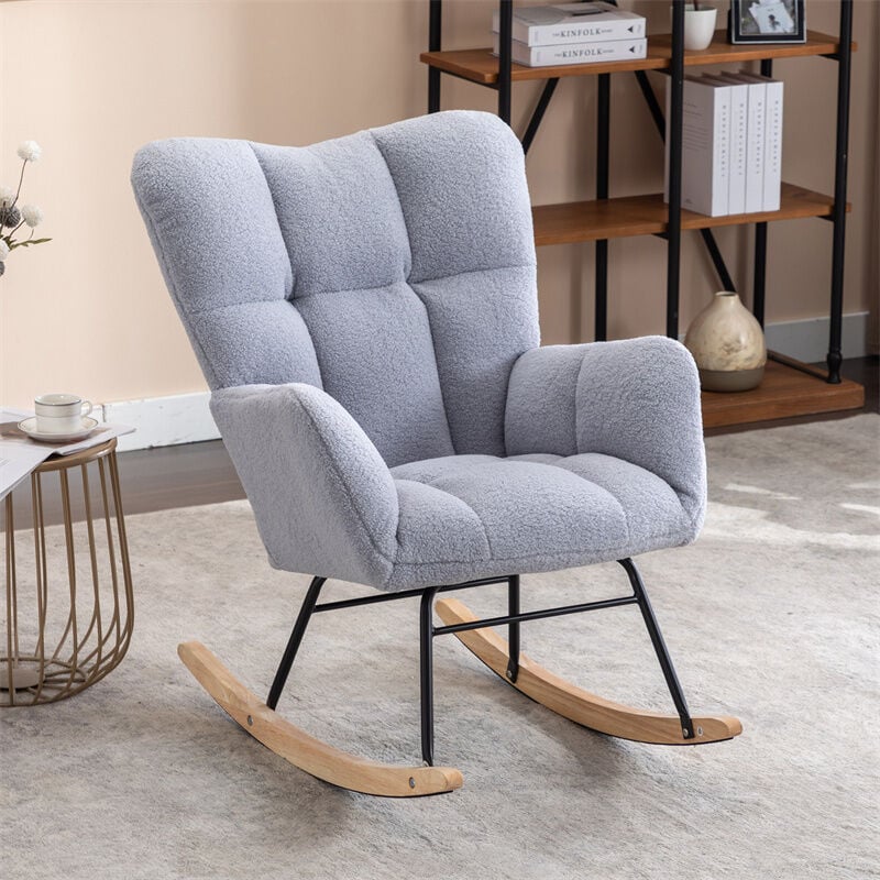 Fauteuil à bascule scandinave, Rocking chair en tissu touffeté et rembourré pour le salon et la chambre à coucher, gris clair