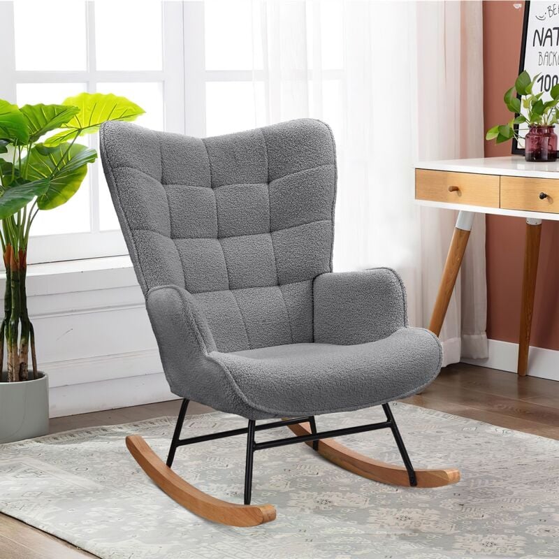 Fauteuil à bascule scandinave, tissu en peluche, accoudoirs rembourrés, mousse haute densité, dossier haut, pieds en hêtre naturel - Light grey