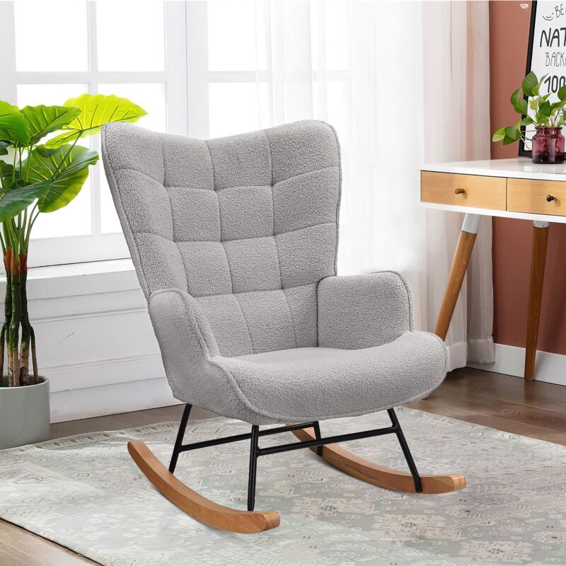 Fauteuil à bascule scandinave, tissu en peluche, accoudoirs rembourrés, mousse haute densité, dossier haut, pieds en hêtre naturel - Dark grey