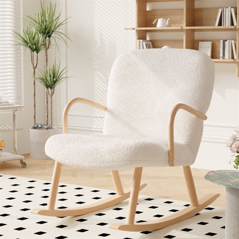 Fauteuil à bascule Sherpa, avec accoudoirs, pieds en bois massif, style scandinave, adapté au salon et à la chambre - Beige