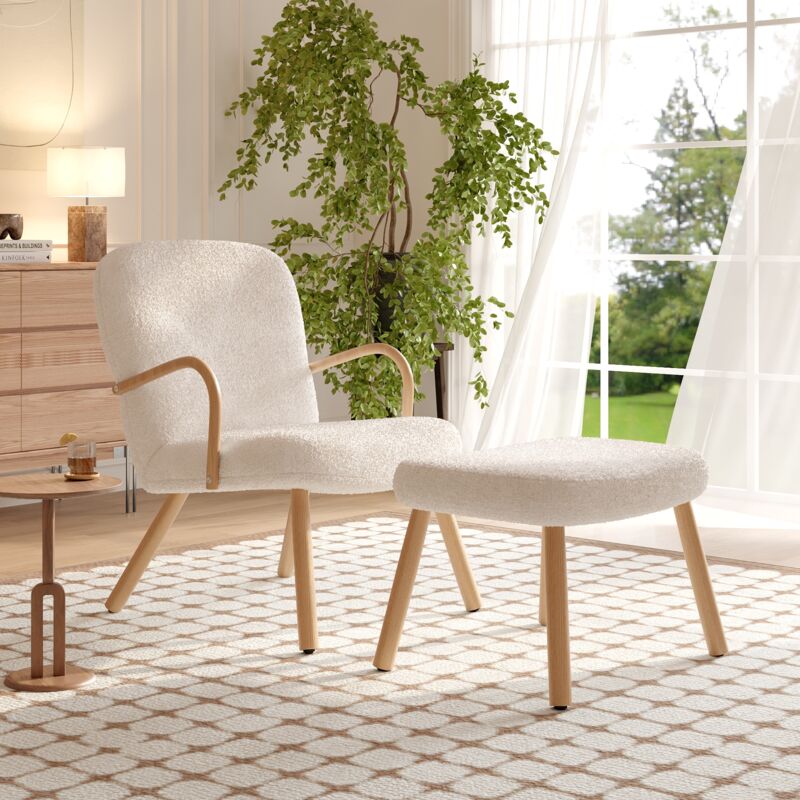 Fauteuil à bascule Sherpa avec accoudoirs, pieds en bois massif avec repose-pieds, style scandinave, adapté au salon et à la chambre - Beige