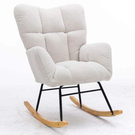Fauteuil à bascule style Mid-Century en tissu bouclette blanc, assise rembourrée capitonnée, idéal salon et chambre, confortable et élégant – blanc