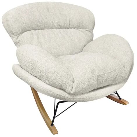 Fauteuil à bascule tissu bouclette beige pieds bois et métal - MIGUEL