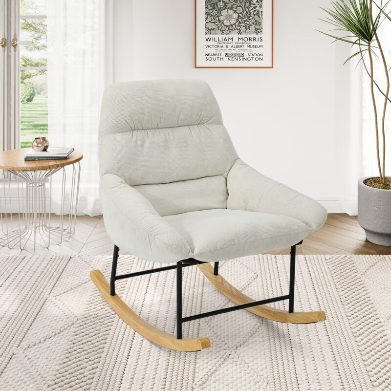 Fauteuil à bascule Tissu en Chenille,Rocking chair Rembourrée d'extérieur,Pieds en bois massif,Chaise de lecture pour adultes,Beige