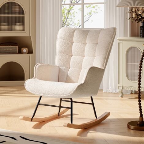 DANS LES NUAGES Fauteuil à bascule, tissu sherpa, avec pieds en bois massif, dossier en capitonné, accoudoirs, style scandinave, Rocking chair - Beige