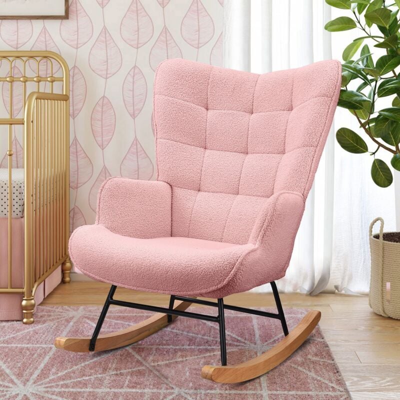 Fauteuil à bascule, tissu sherpa, avec pieds en bois massif, dossier en capitonné, accoudoirs, style scandinave, Rocking chair - Rose