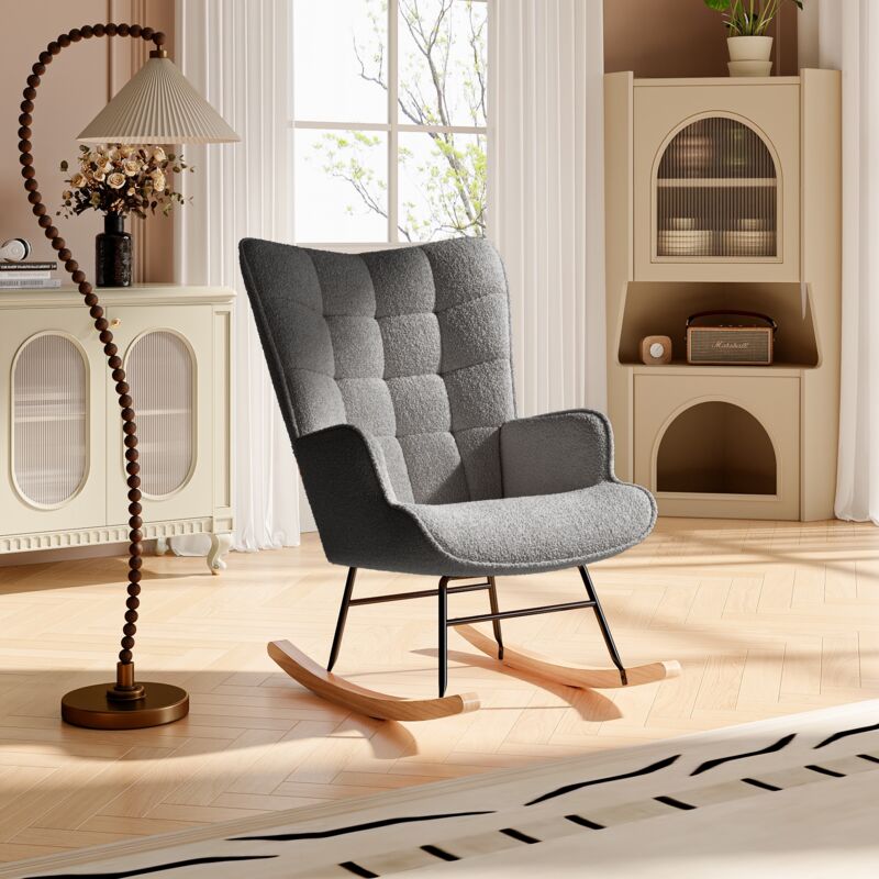 Fauteuil à bascule, tissu sherpa, avec pieds en bois massif, dossier en capitonné, accoudoirs, style scandinave, Rocking chair - Gris foncé