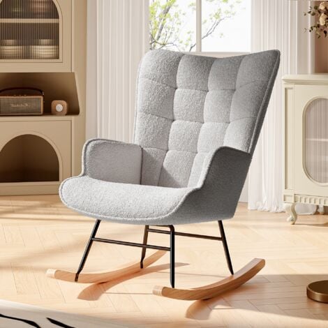 DANS LES NUAGES Fauteuil à bascule, tissu sherpa, avec pieds en bois massif, dossier en capitonné, accoudoirs, style scandinave, Rocking chair - Beige