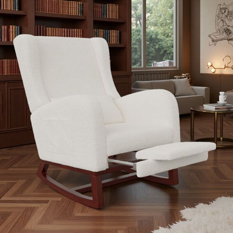 Fauteuil à Bascule - Velours Teddy Blanc - Ergonomique - 4 Positions - Design Chic