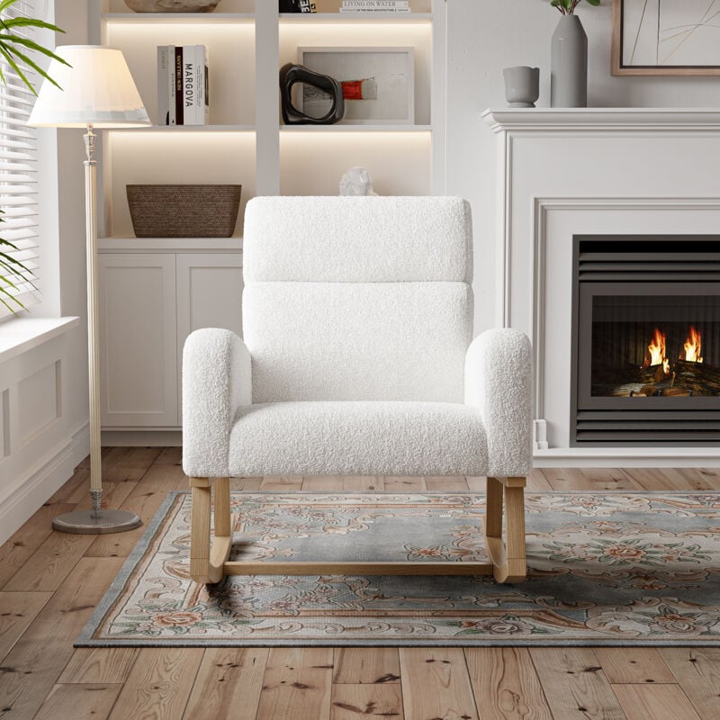 Sunfecili - Fauteuil à bascule,Fauteuil relax,Rocking chair,deux poches latérales, style Scandinave, base silencieuse antidérapante, sherpa, beige,