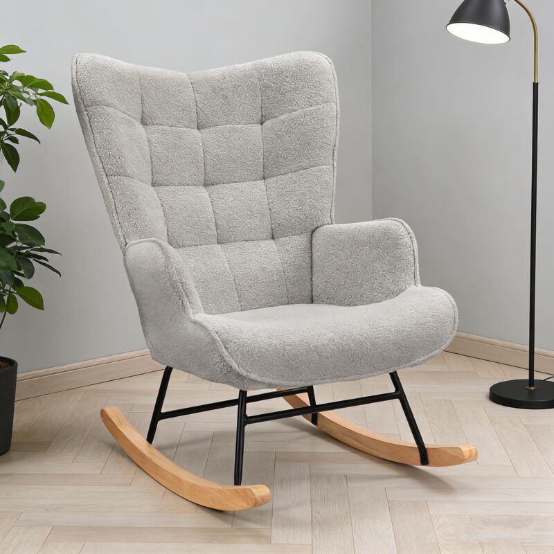 Fauteuil à bascule,rocking chair avec accoudoirs,Pieds en bois massif,Pour le salon, chambre,peluche d'agneau,Gris clair