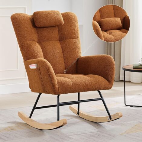Fauteuil à Bascule,Rocking Chair,revêtement,Fauteuil Allaitement, Chaise à Bascule,Structure en Acier,Pieds en Bois Massif,marron