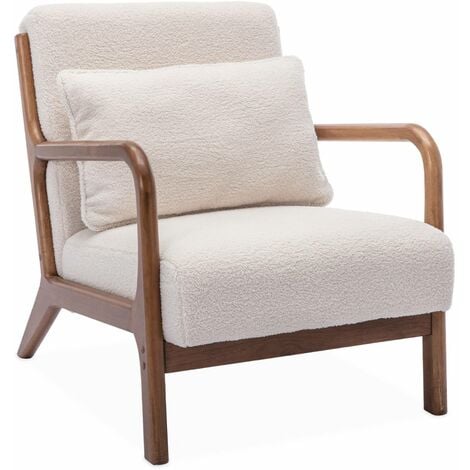 Fauteuil à bouclettes . pieds bois d'hévéa teinté noyer clair. 1 place droit fixe. pieds compas scandinave. structure en bois solide