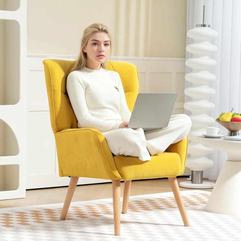 Tanant - Fauteuil à oreilles avec accoudoirs, fauteuil de salon avec pieds en bois, dossier rembourré, velours, fauteuil de chambre, jaune