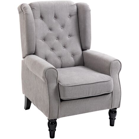 Fauteuil à oreilles, avec coussins, design capitonné, fauteuil à dossier haut, pieds en bois, fauteuil de salon/chambre, gris.