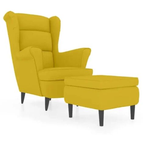 Fauteuil à oreilles avec repose-pieds en velours jaune moutarde