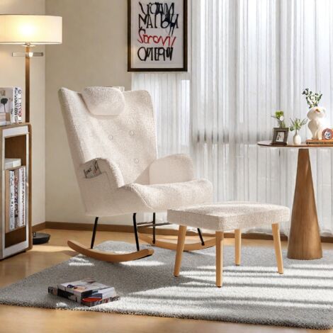 Fauteuil à oreilles avec repose-pieds, lot de 2, housse polyester, fauteuil TV, fauteuil, chaise de salon, chaise cocktail, flanelle, design élégant, blanc (expédition depuis la France)