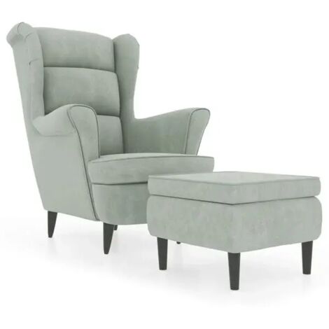 Fauteuil à oreilles avec repose-pieds, revêtement en velours gris clair.