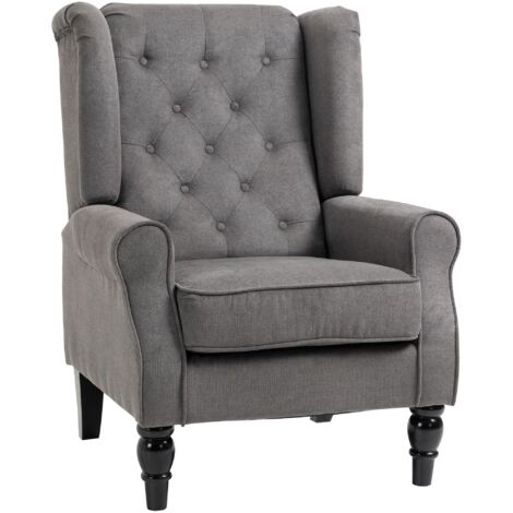 Fauteuil à oreilles de style vintage, fauteuil de lecture, fauteuil d'appoint, pieds en bois, capitonnage à boutons, gris et noir