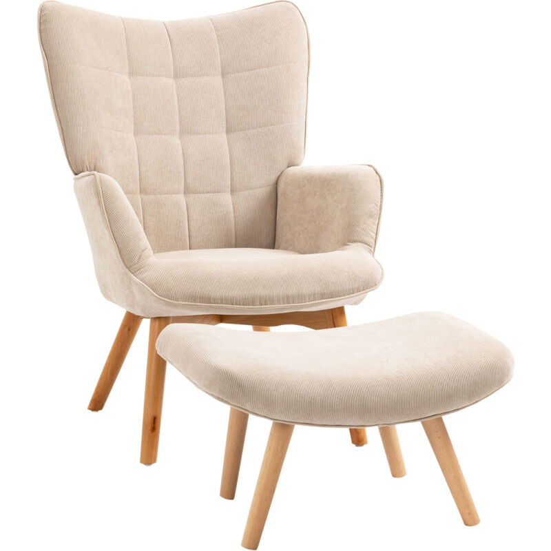 Homcom - Fauteuil à oreilles et son repose-pieds piètement bois velours côtelé dossier effet capitonné beige