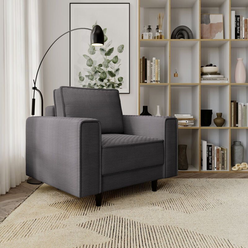fauteuil à oreilles nela - fauteuil rembourré avec tissu velours, pieds - fauteuil lounge - style moderne (gris - lincoln 90) - gris
