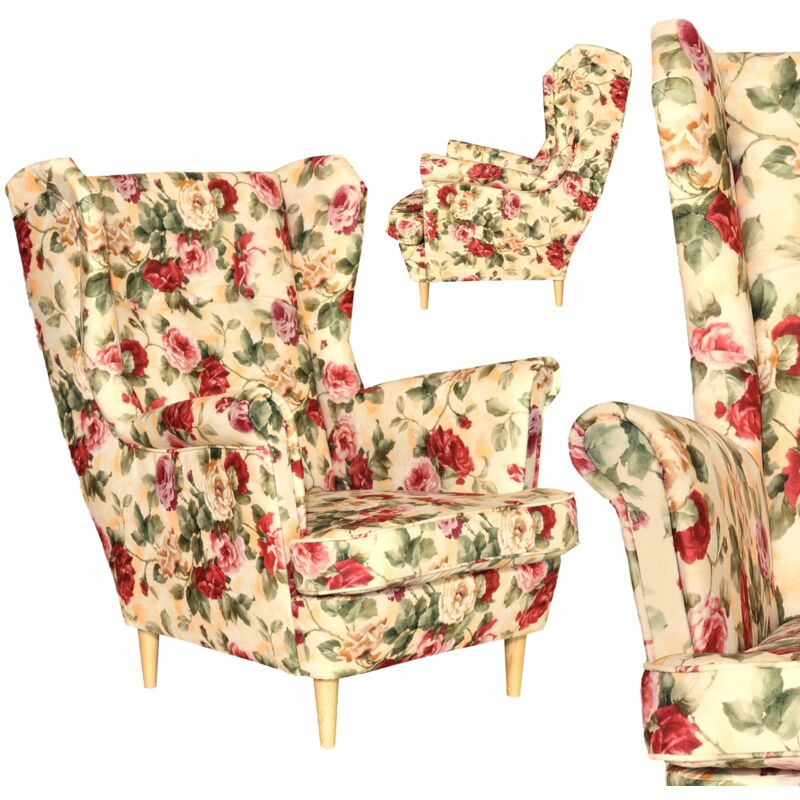 Fauteuil à oreilles scandinave à motif Meble, roses colorées, fleurs anglaises