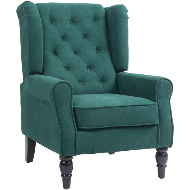 Fauteuil de salon capitonné - HOMCOM - avec assise large, pieds en bois, style classique - grand confort - 74 x 86 x 102 cm - vert