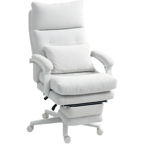Fauteuil à roulettes style lin réglable hauteur inclinable 160° repose-pieds blanc crème chaise bureau relax confort