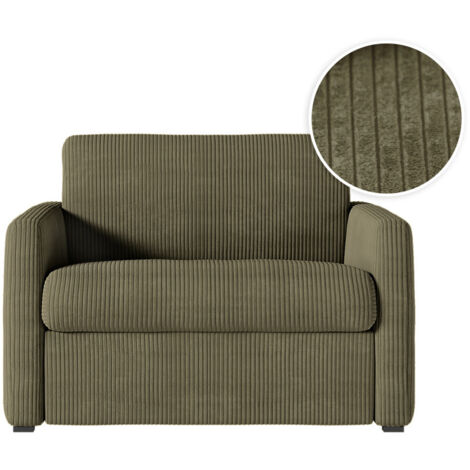 Fauteuil AGATHE convertible express 70x190cm en velours côtelé vert kaki - Matelas 13cm