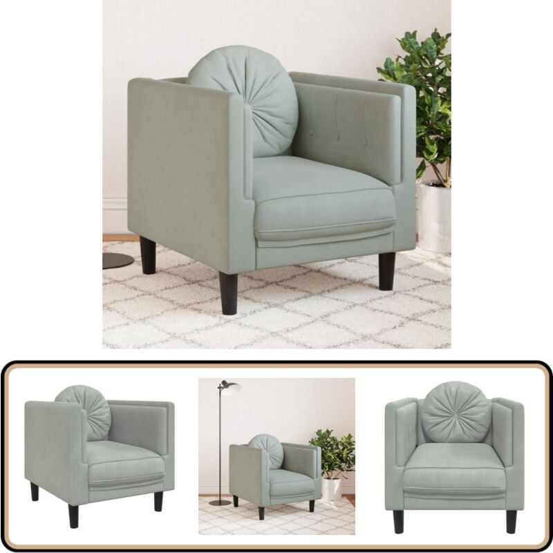 Fauteuil avec coussin gris clair Velours - Fauteuil Velours - Chaise Relaxante - Fauteuils Confortables - Mobilier Salon - Décoration Intérieur