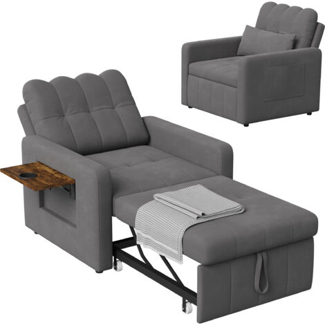 Fauteuil avec fonction extensible en lit, 108x85x86 cm, plateau latéral et sac, dossier ajustable, gris
