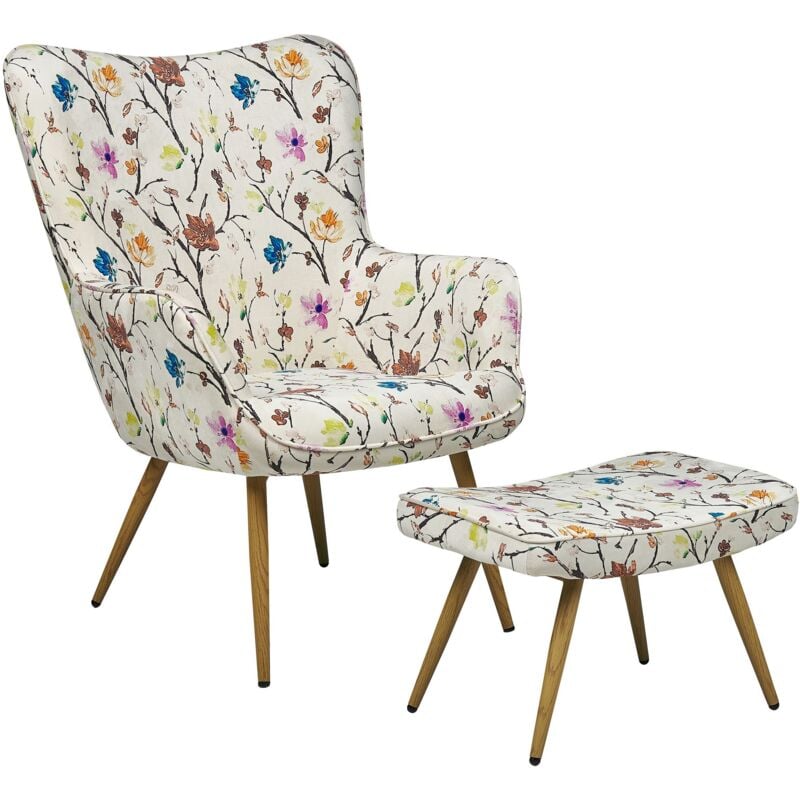 Fauteuil Tapissé en Tissu Blanc Moti Floral avec Repose-pied Design Scandinave et Confort Optimal pour Salon ou Coin Lecture Beliani